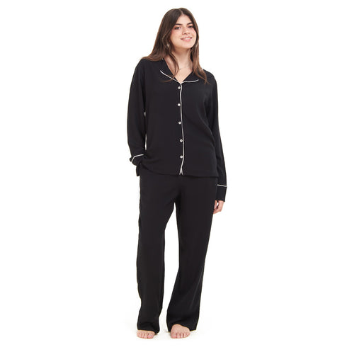 Women summer pajama set Black buttoned shirt + Pants